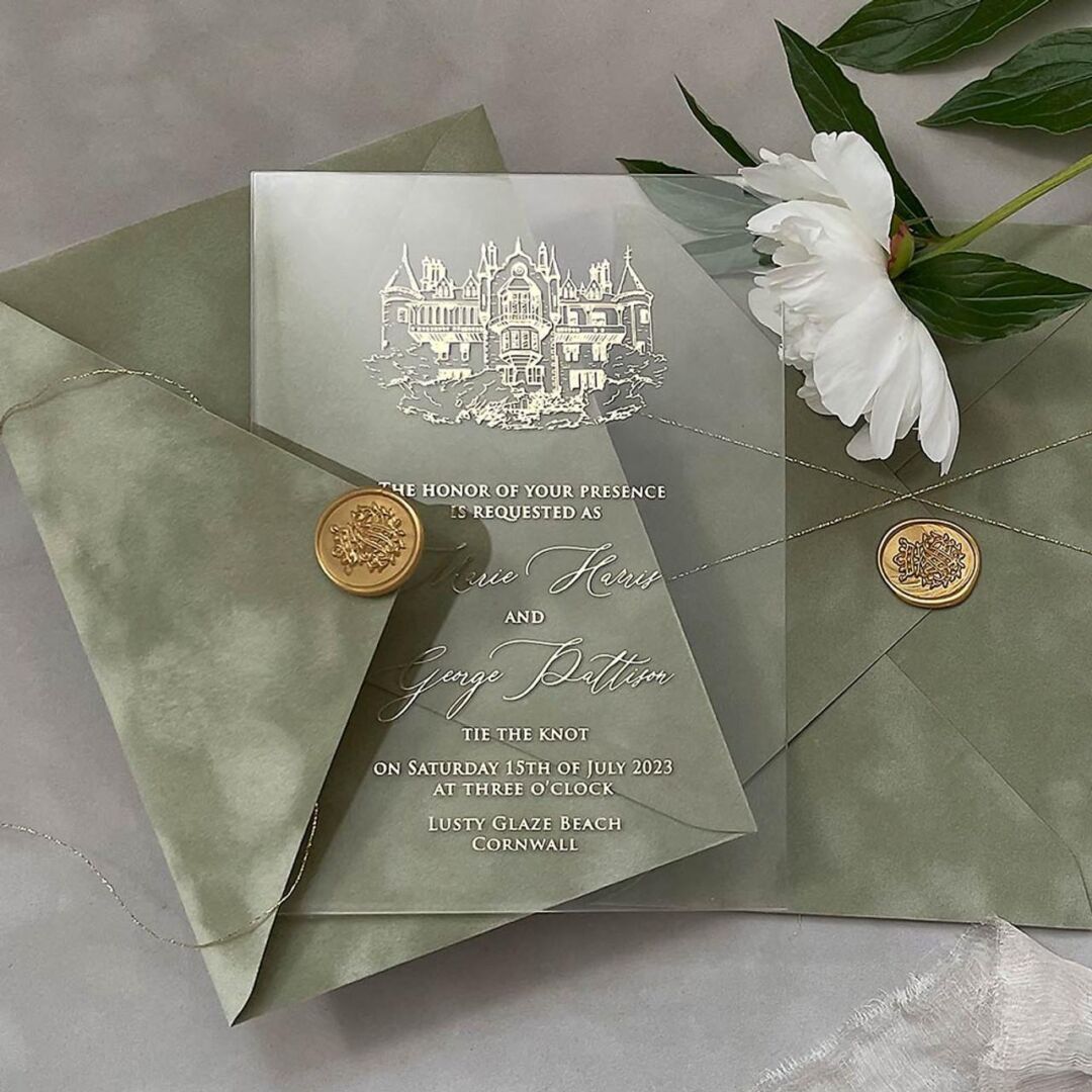 Harry potter acrylic wedding invitations with dust green velvet envelope